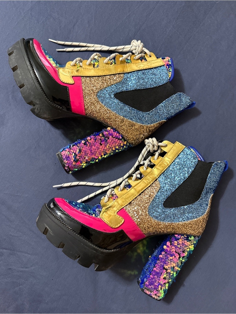 🎃 SALE- Cape Robbin Multicolor Sequin Platform Glitter Lace-Up Heeled Boots - Picture 4 of 12